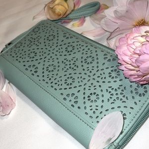 Teal Laser Cut Wallet Soft Vegan Leather Large 3 Side Zip Wallet Detach Strap